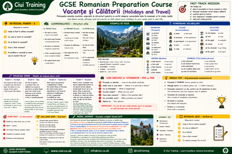 FREE Romanian GCSE Speaking Mat | Describe the Photo: Holidays & Travel (v2)