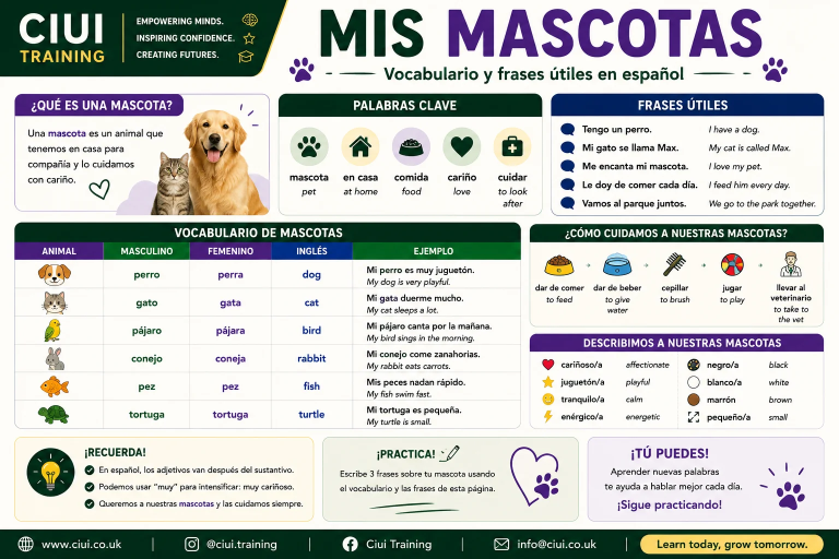 Mis Mascotas - Pets Vocabulary Mat in Spanish - Ciui Training